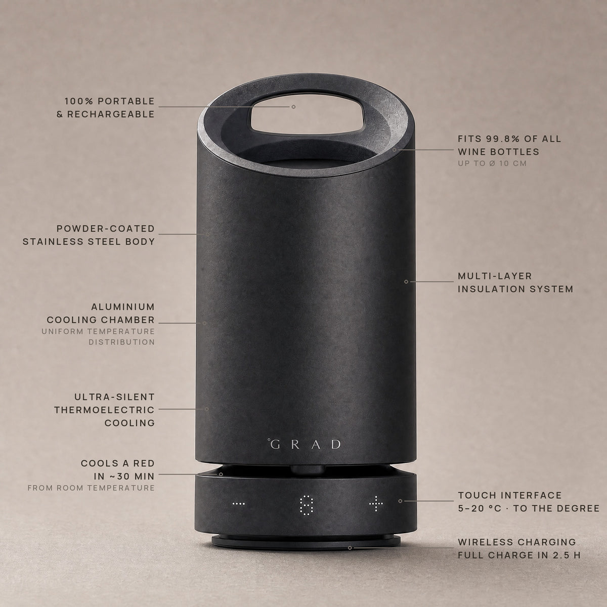 GRAD No.1 Black Edition features: active cooling 5 to 20°C, rechargeable and fingerprint-resistant