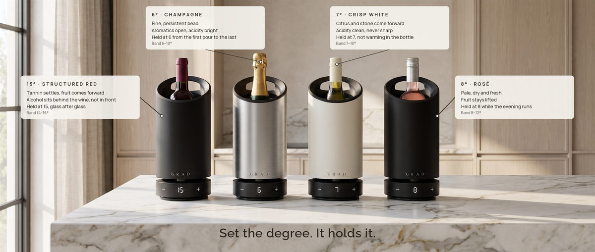Four GRAD No.1 coolers holding a red at 15°, champagne at 6°, a crisp white at 7° and a rosé at 8°